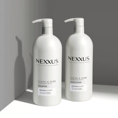 Nexxus 33.8 oz bottle beside common items to show true size benefit