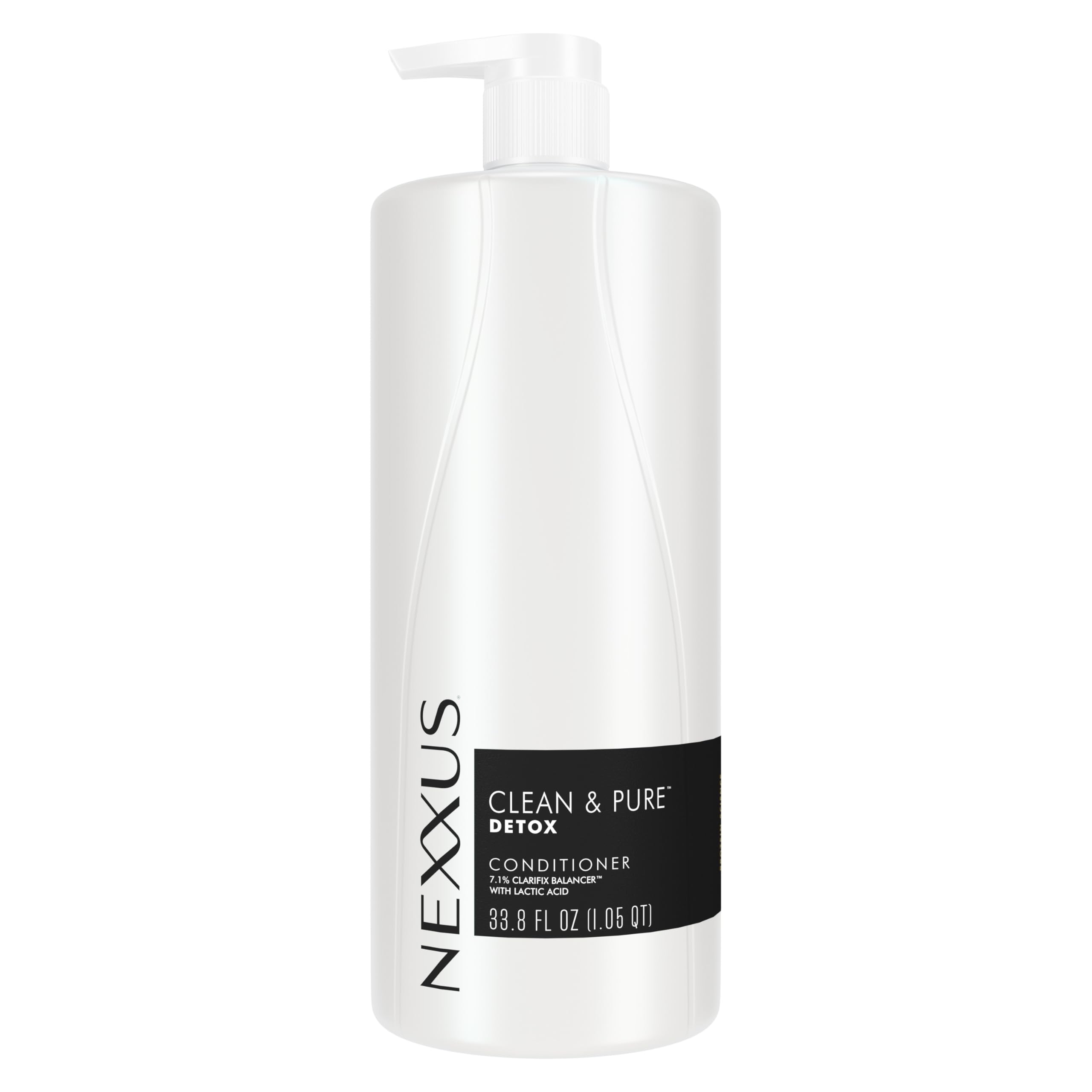 Nexxus Clean & Pure conditioner front bottle shows detox benefits and size