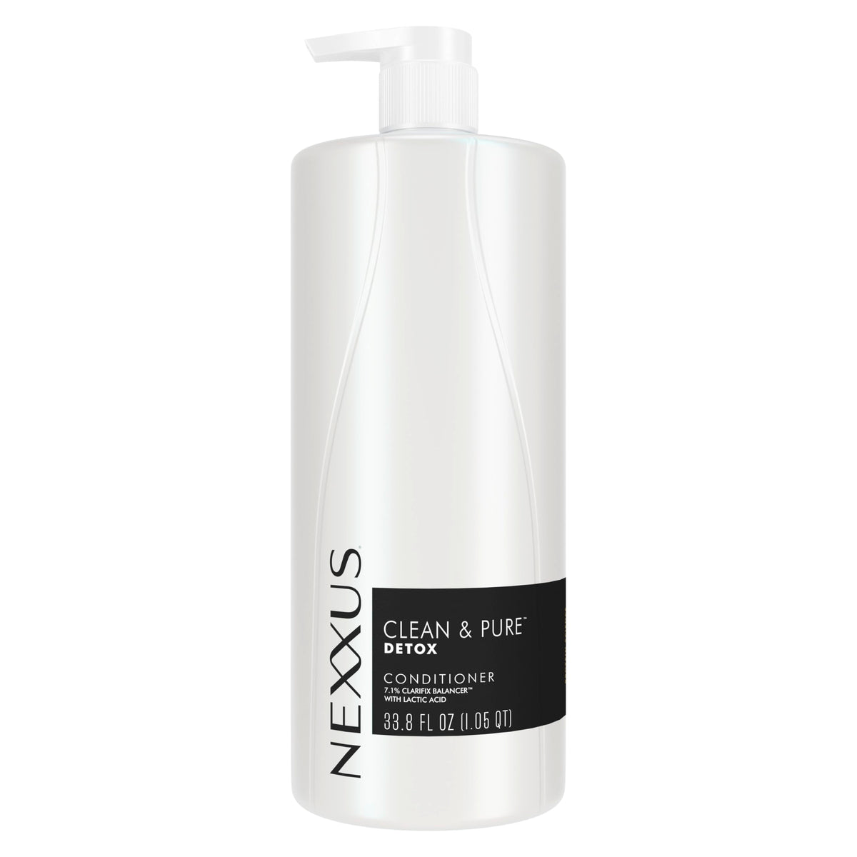 Nexxus Clean & Pure conditioner front bottle shows detox benefits and size