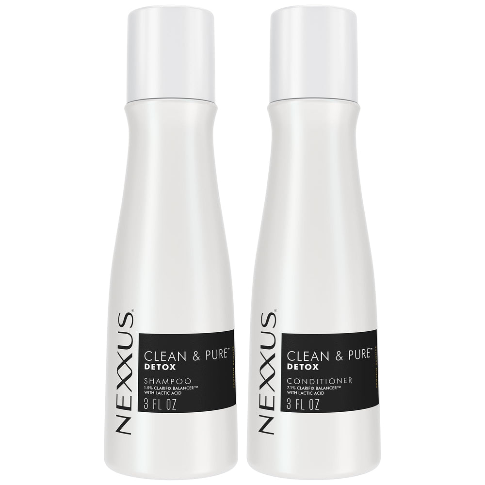 Nexxus front packaging showing travel shampoo and conditioner for easy identification and portability