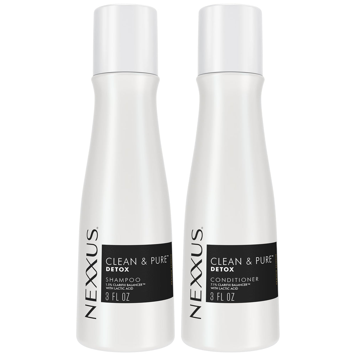 Nexxus front packaging showing travel shampoo and conditioner for easy identification and portability