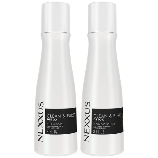 Nexxus front packaging showing travel shampoo and conditioner for easy identification and portability