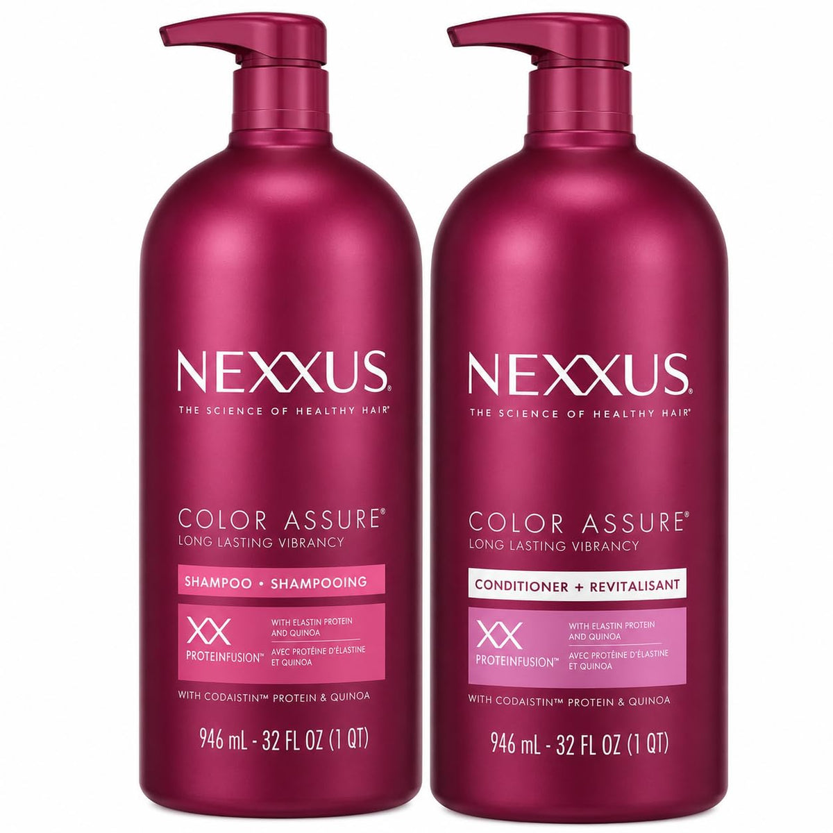 Nexxus front packaging showing duo bottles and long-lasting color benefit