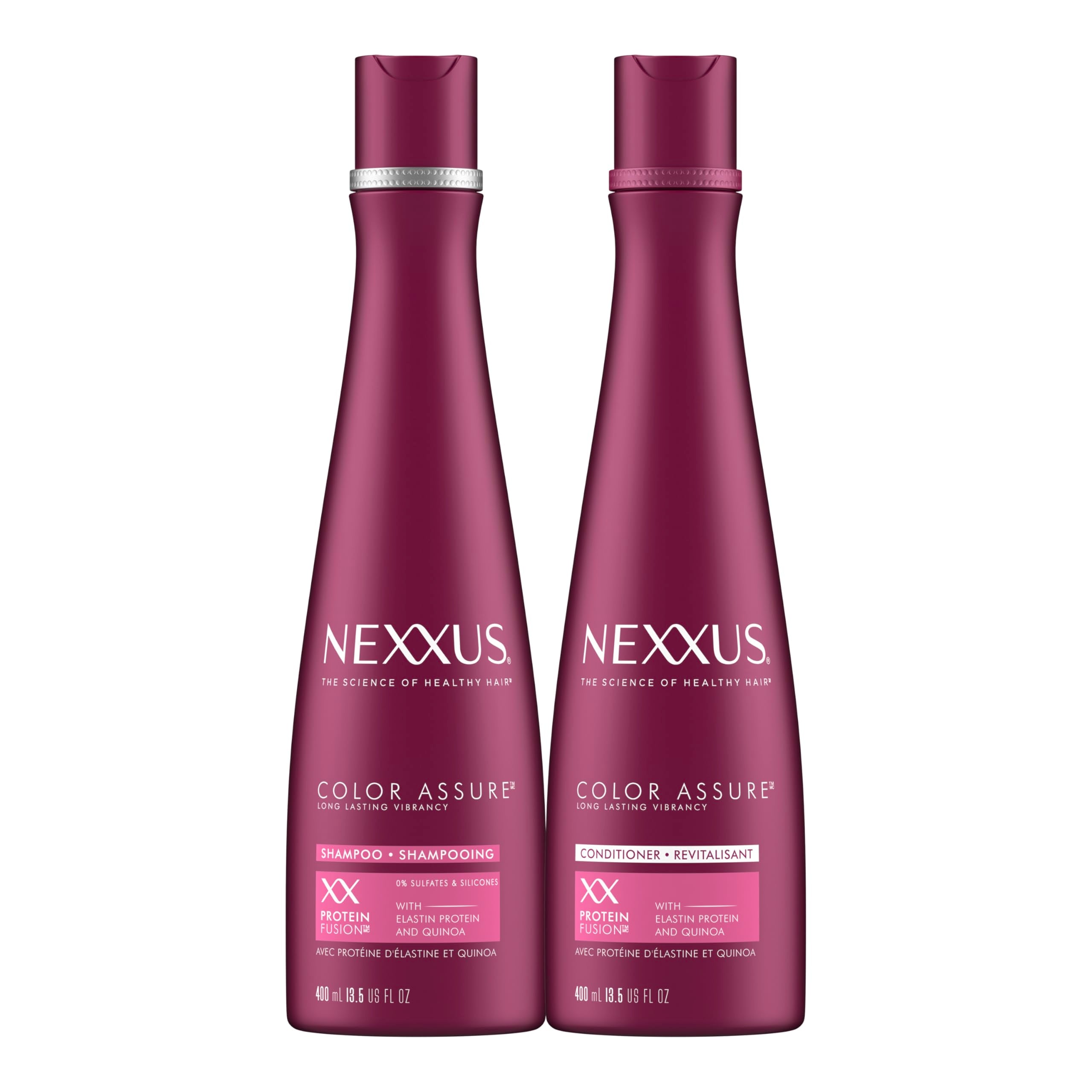 Nexxus front packaging showing two 13.5oz bottles for lasting color protection