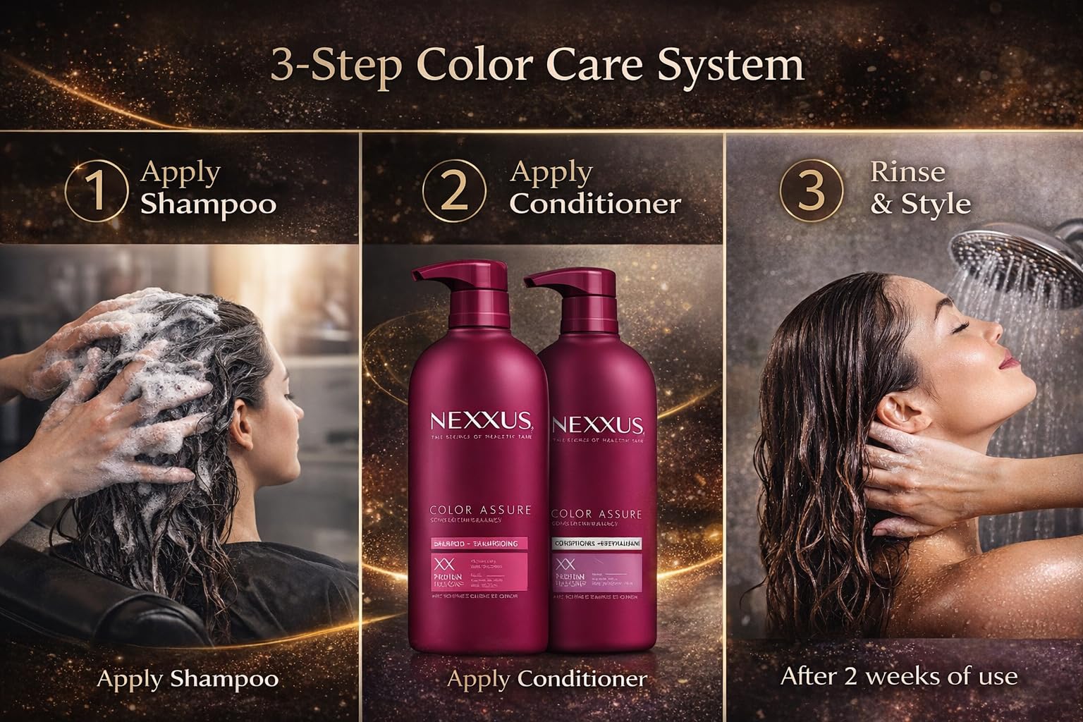 Nexxus bottles styled in bathroom for salon-quality home care benefit