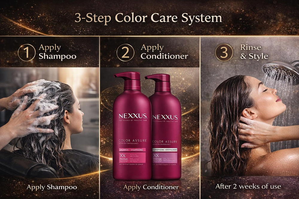 Nexxus bottles styled in bathroom for salon-quality home care benefit