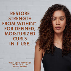 Nexxus product on shelf with defined curls in lifestyle scene