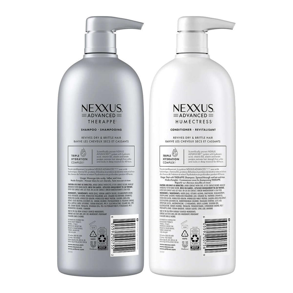 Nexxus shampoo and conditioner in shower applied to hair, easier detangling benefit