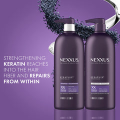 Nexxus Keraphix shampoo and conditioner close-up showing labels and salon-quality formula benefits
