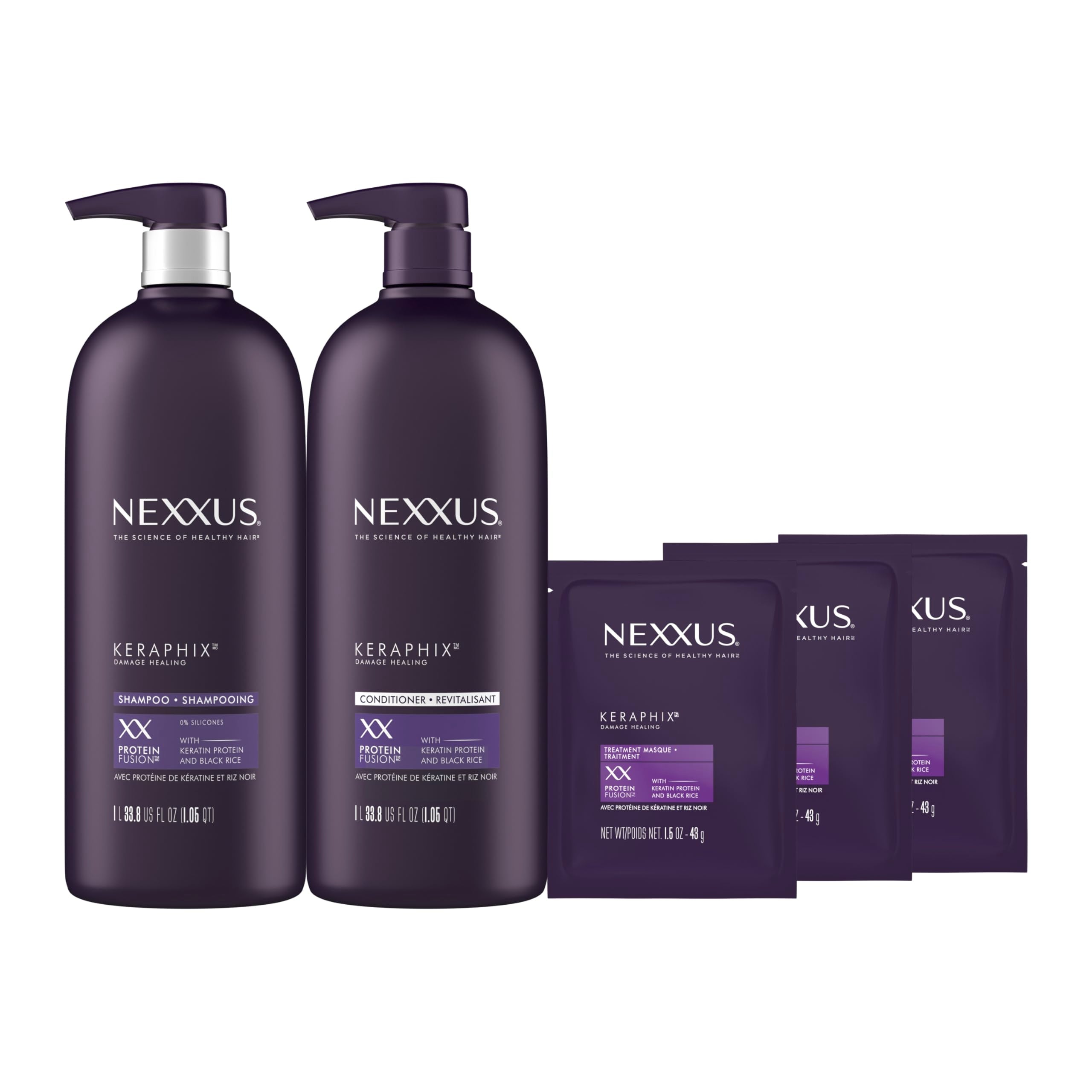Nexxus Keraphix front packaging showing full shampoo, conditioner and masks — professional repair