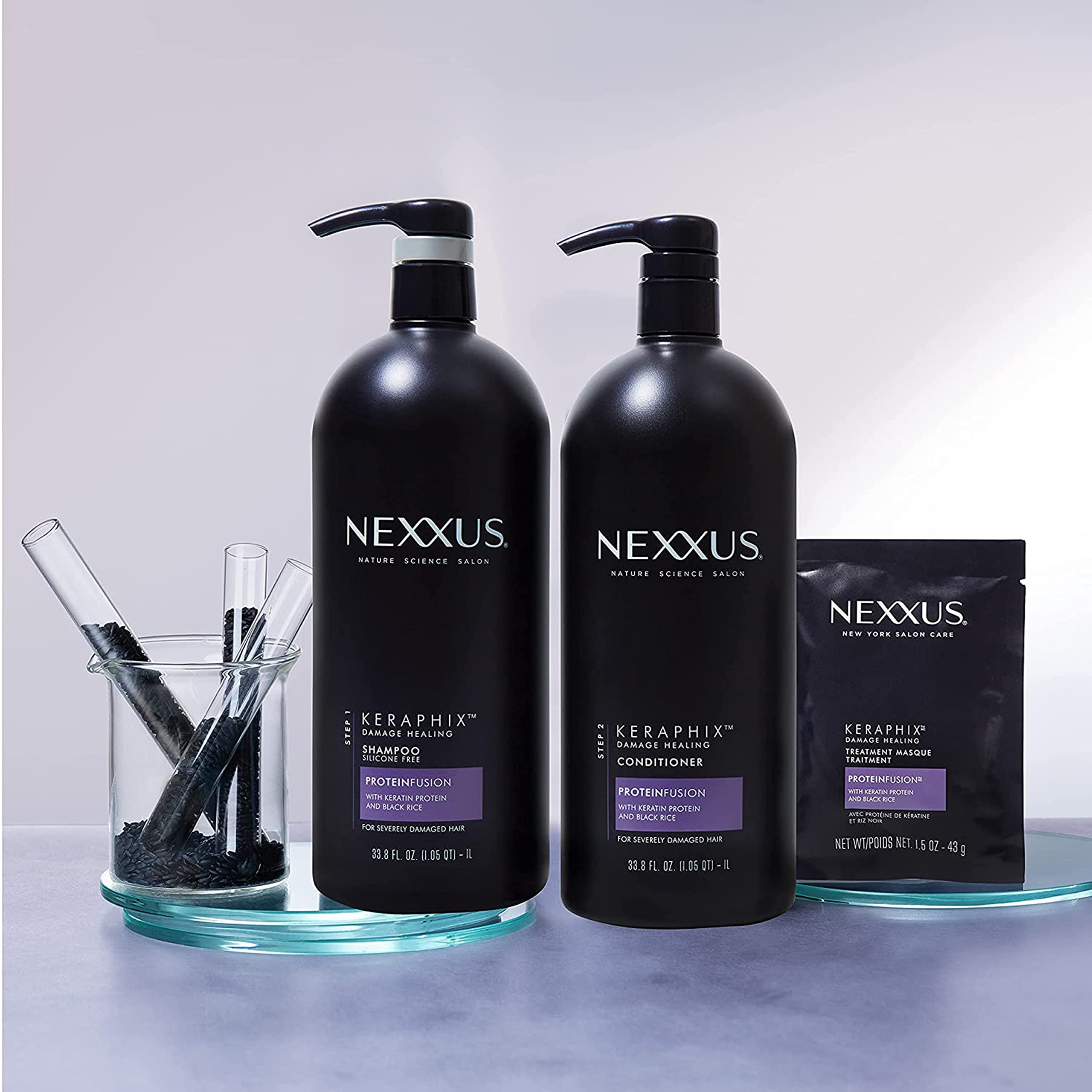 Nexxus Keraphix on bathroom vanity in lifestyle scene suggesting a salon treatment at home