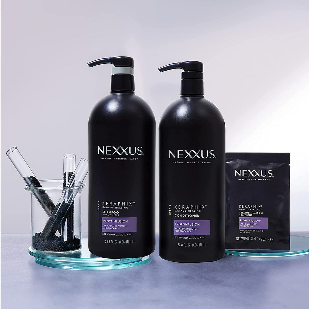 Nexxus Keraphix on bathroom vanity in lifestyle scene suggesting a salon treatment at home