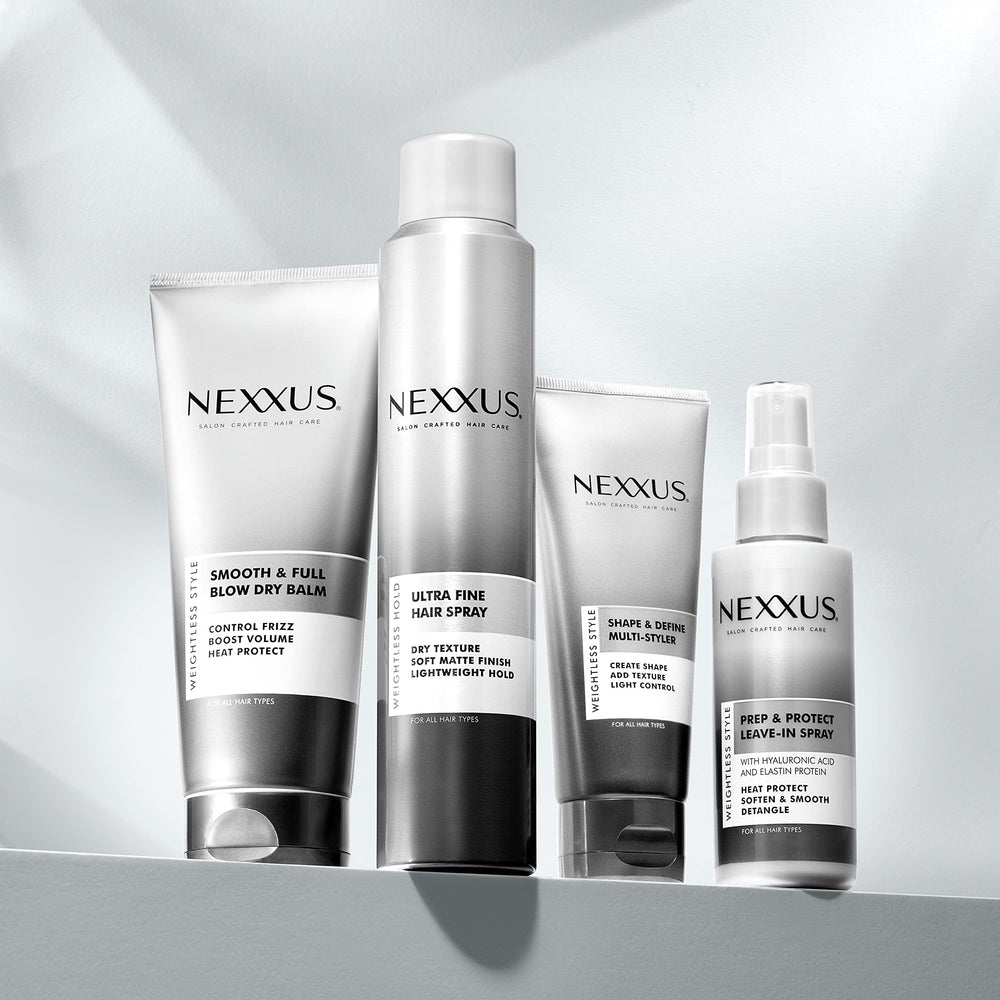 Nexxus size comparison in hand indicating portable 3.4 oz convenience