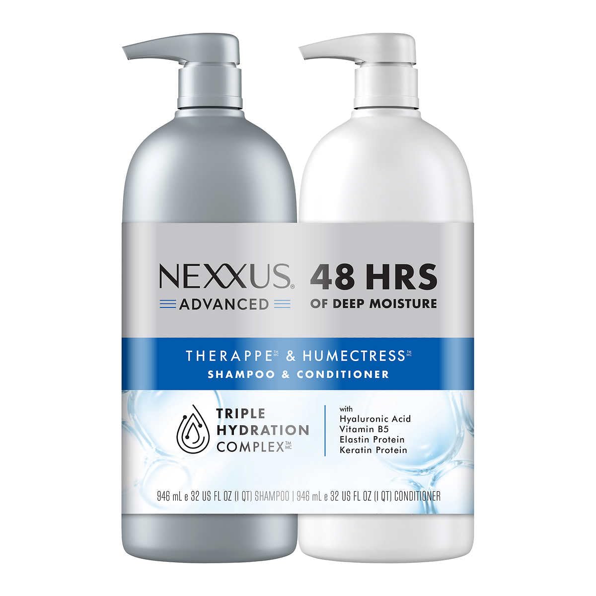 Nexxus front packaging of THERAPPE and HUMECTRESS showing bottles and benefits