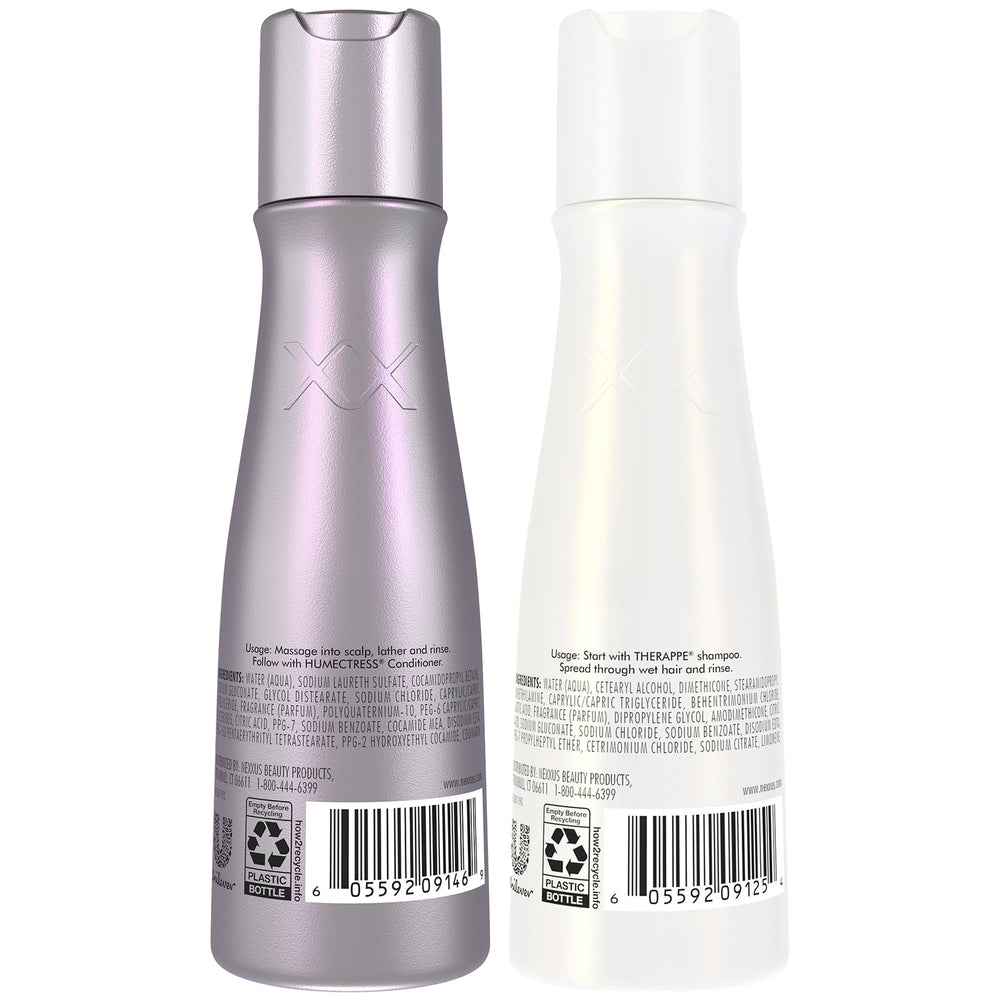 Nexxus bottles in hand illustrating travel-size convenience