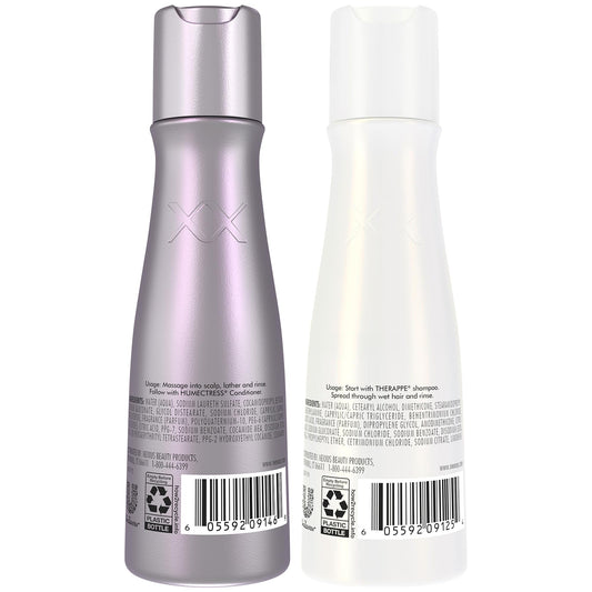 Nexxus bottles in hand illustrating travel-size convenience