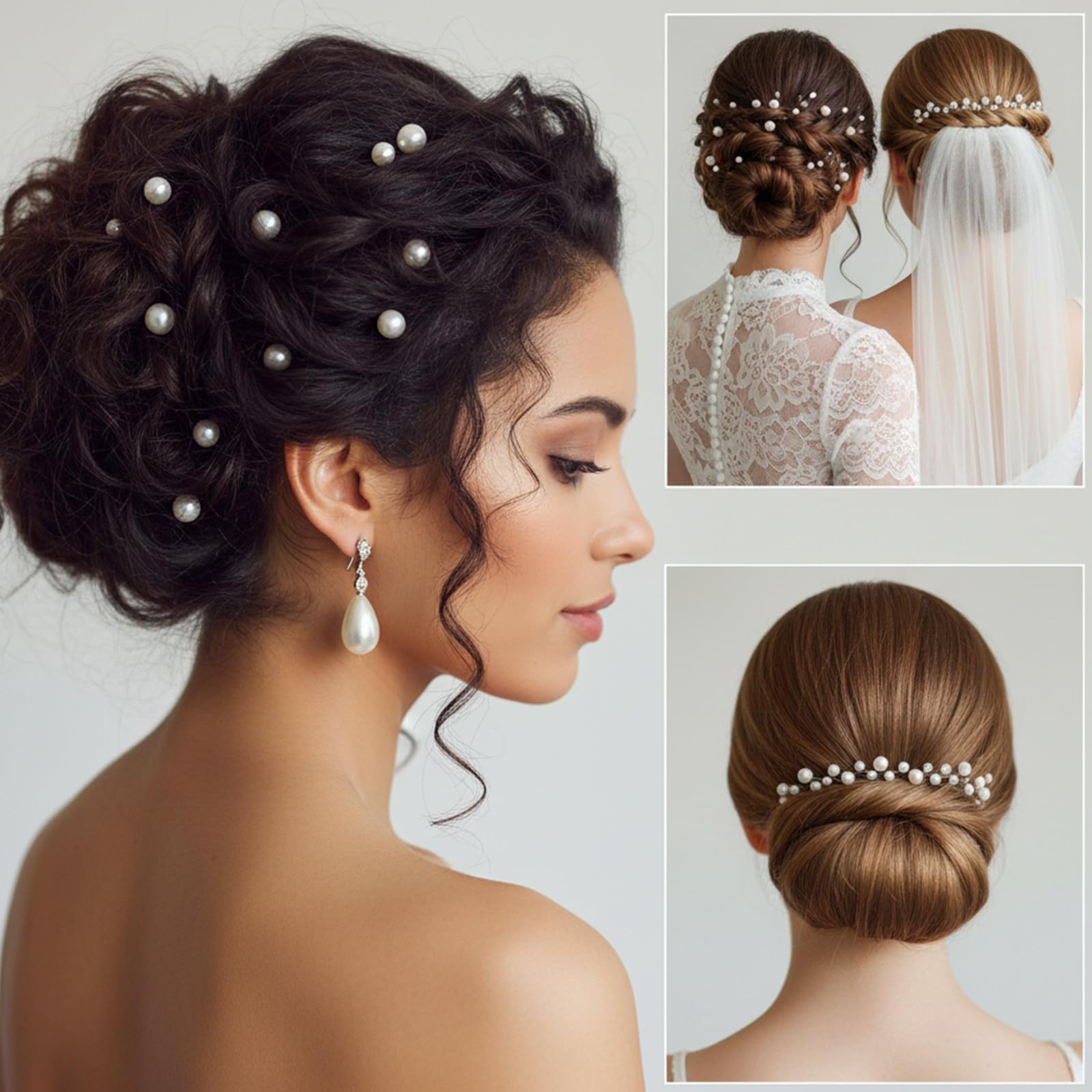 Neyauo pin placed in bridal updo demonstrating secure hold and decorative sparkle