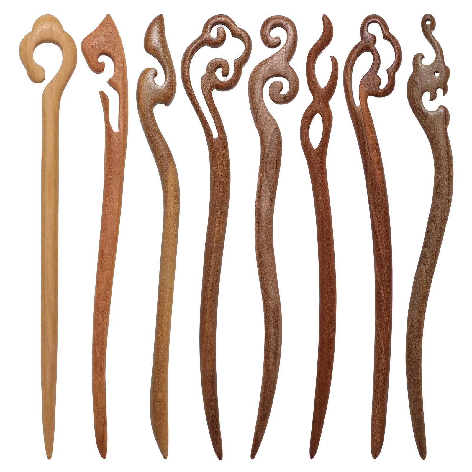 Ngdhkd front view of eight wooden hair sticks showing colors and patterns, stylish variety