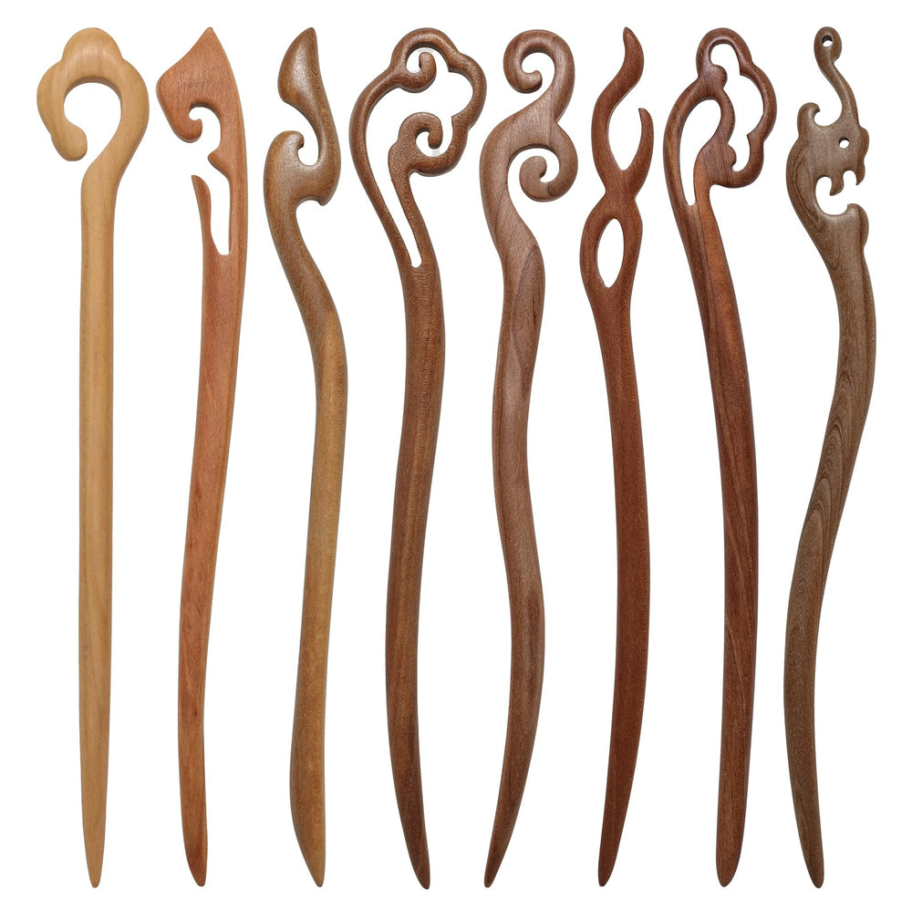 Ngdhkd front view of eight wooden hair sticks showing colors and patterns, stylish variety
