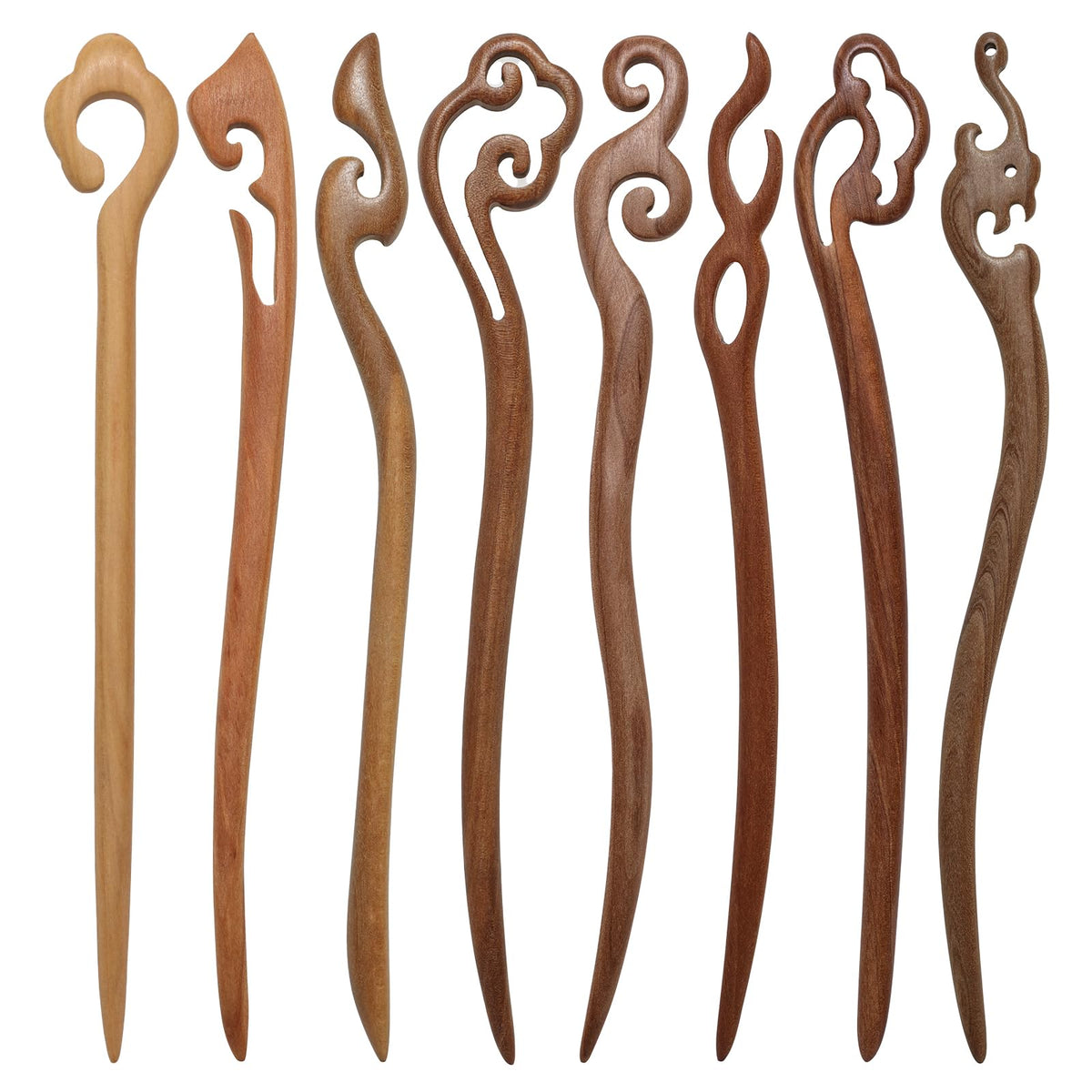 Ngdhkd front view of eight wooden hair sticks showing colors and patterns, stylish variety