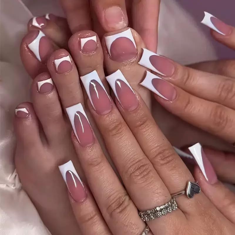 NHIXK close-up of square white French tip nail edge, highlighting smooth finish and salon-like appearance