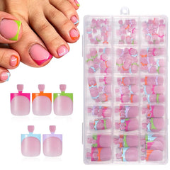 NHIXK front packaging showing 150-piece press-on toenail kit and benefits