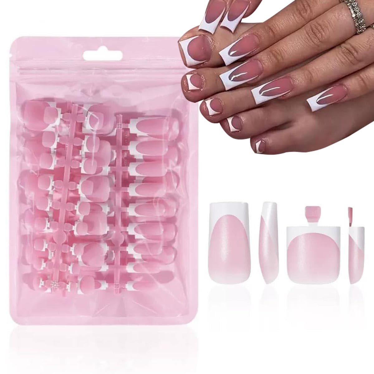 NHIXK front packaging showing 60-piece white French tip set and included tools, clear view benefits quick selection