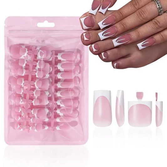 NHIXK front packaging showing 60-piece white French tip set and included tools, clear view benefits quick selection