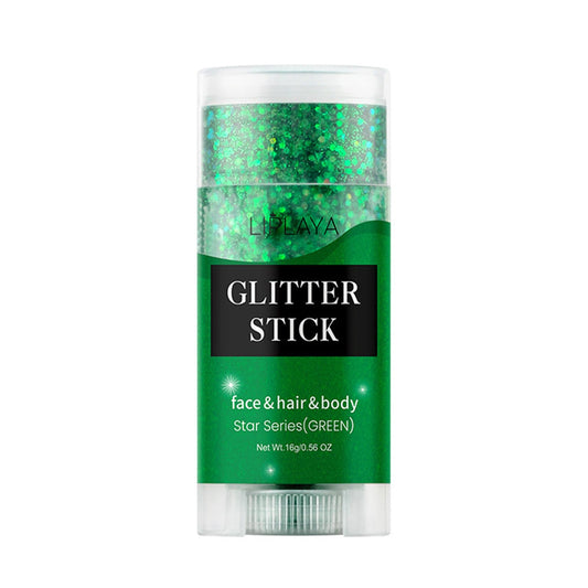 NHIYQF glitter stick front packaging showing green holographic gel and label benefit