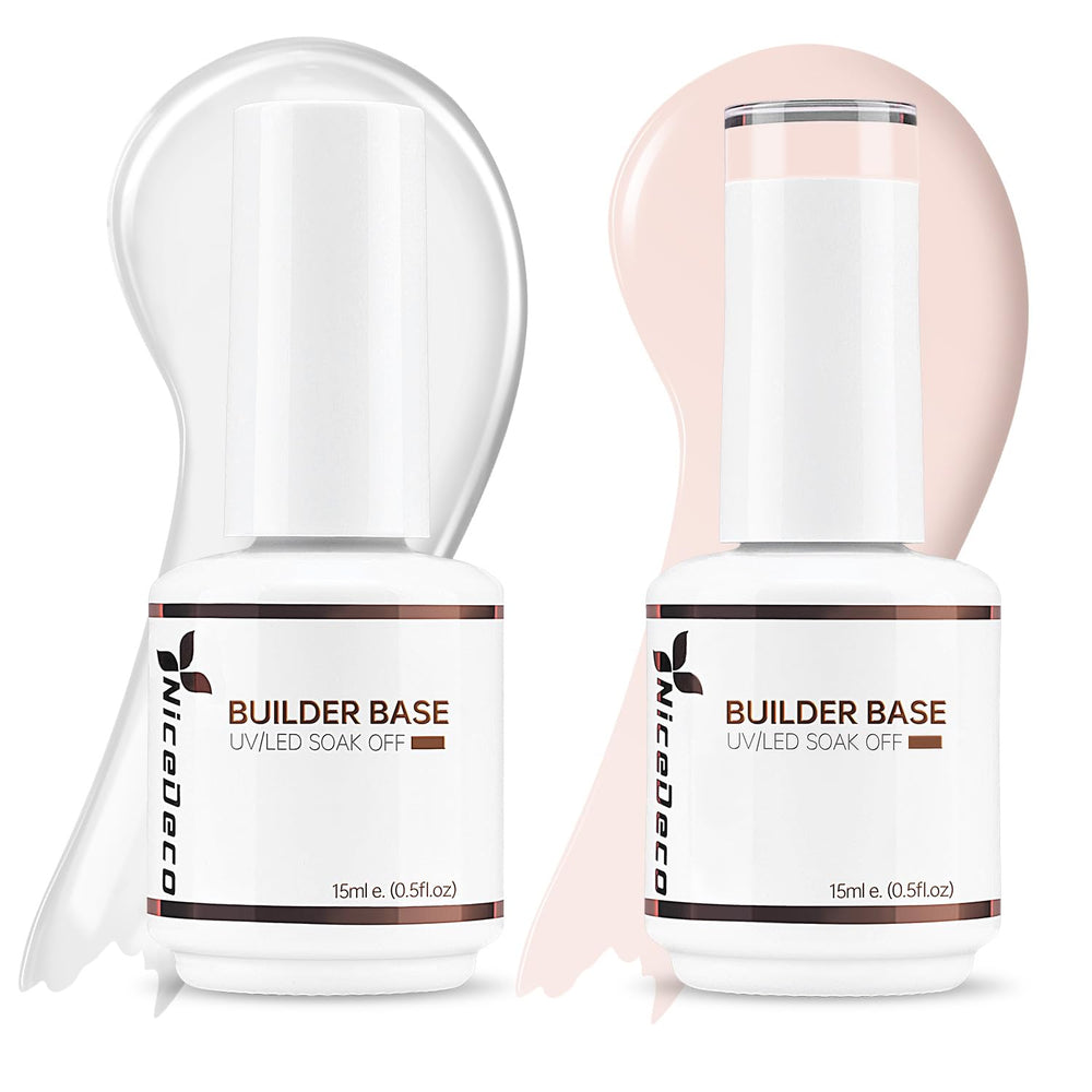 Nicedeco front packaging showing both 15ml builder gel bottles and benefits