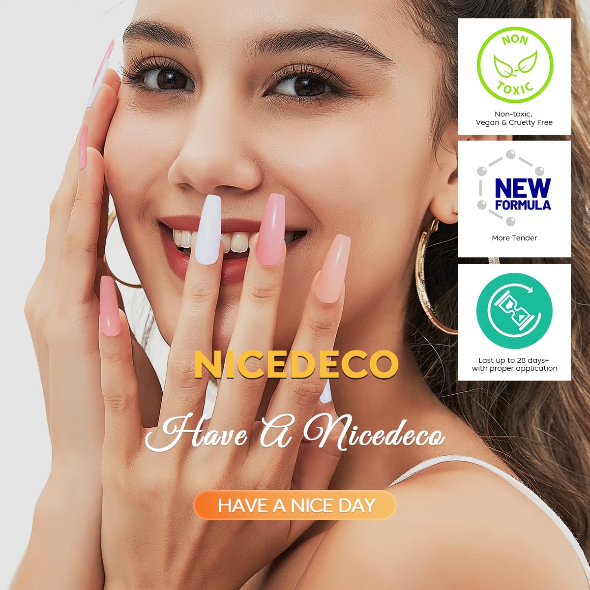 Nicedeco before-and-after glossy nails showing durable shine and coverage