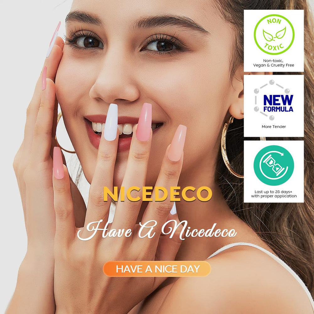 Nicedeco before-and-after glossy nails showing durable shine and coverage
