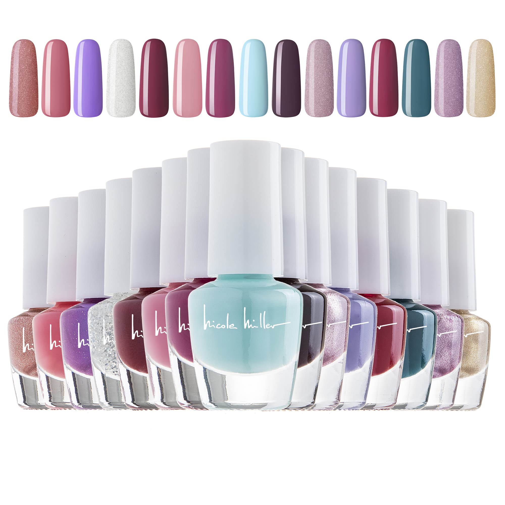 Nicole Miller New York box front showing 15 mini polish colors and gift-ready packaging benefit