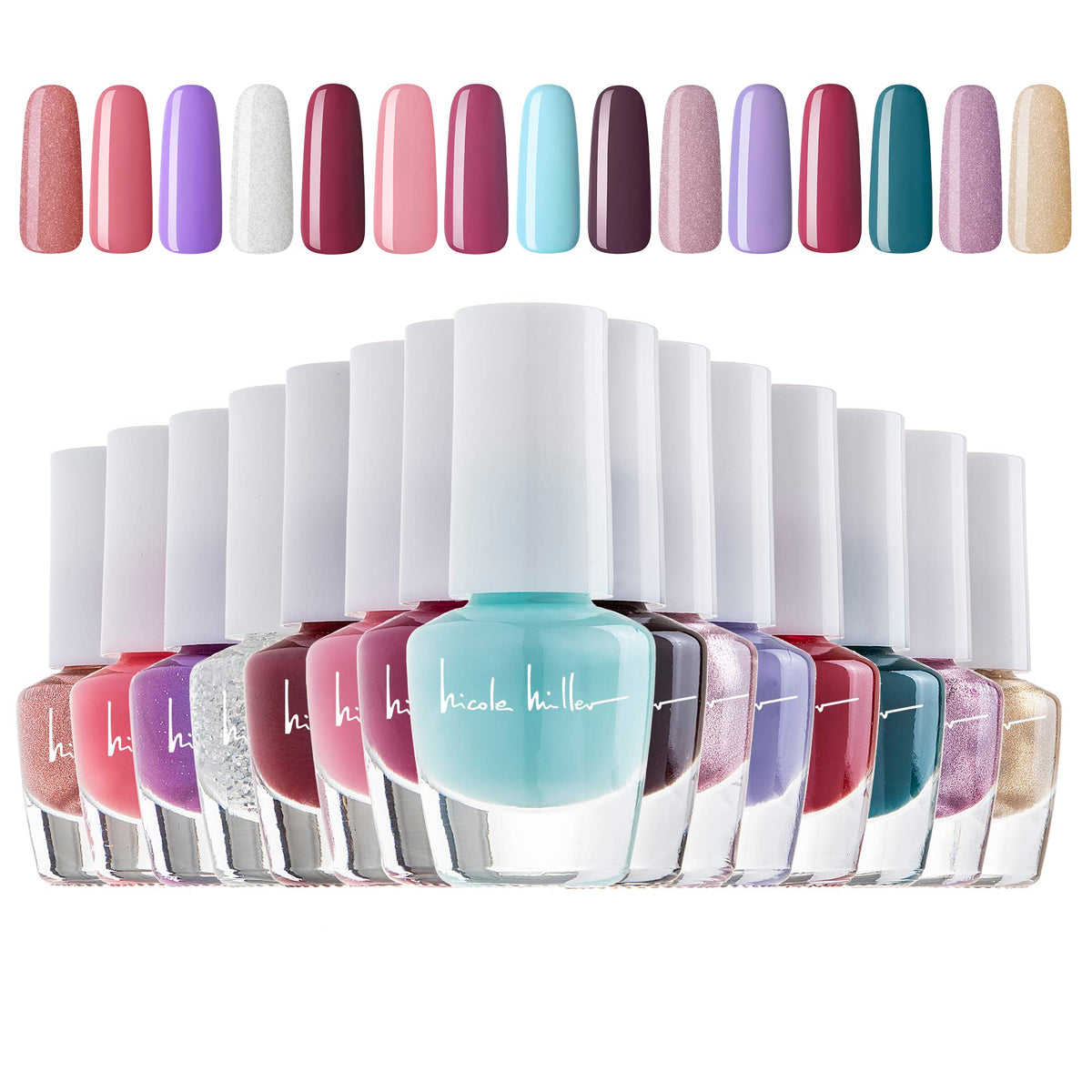 Nicole Miller New York box front showing 15 mini polish colors and gift-ready packaging benefit
