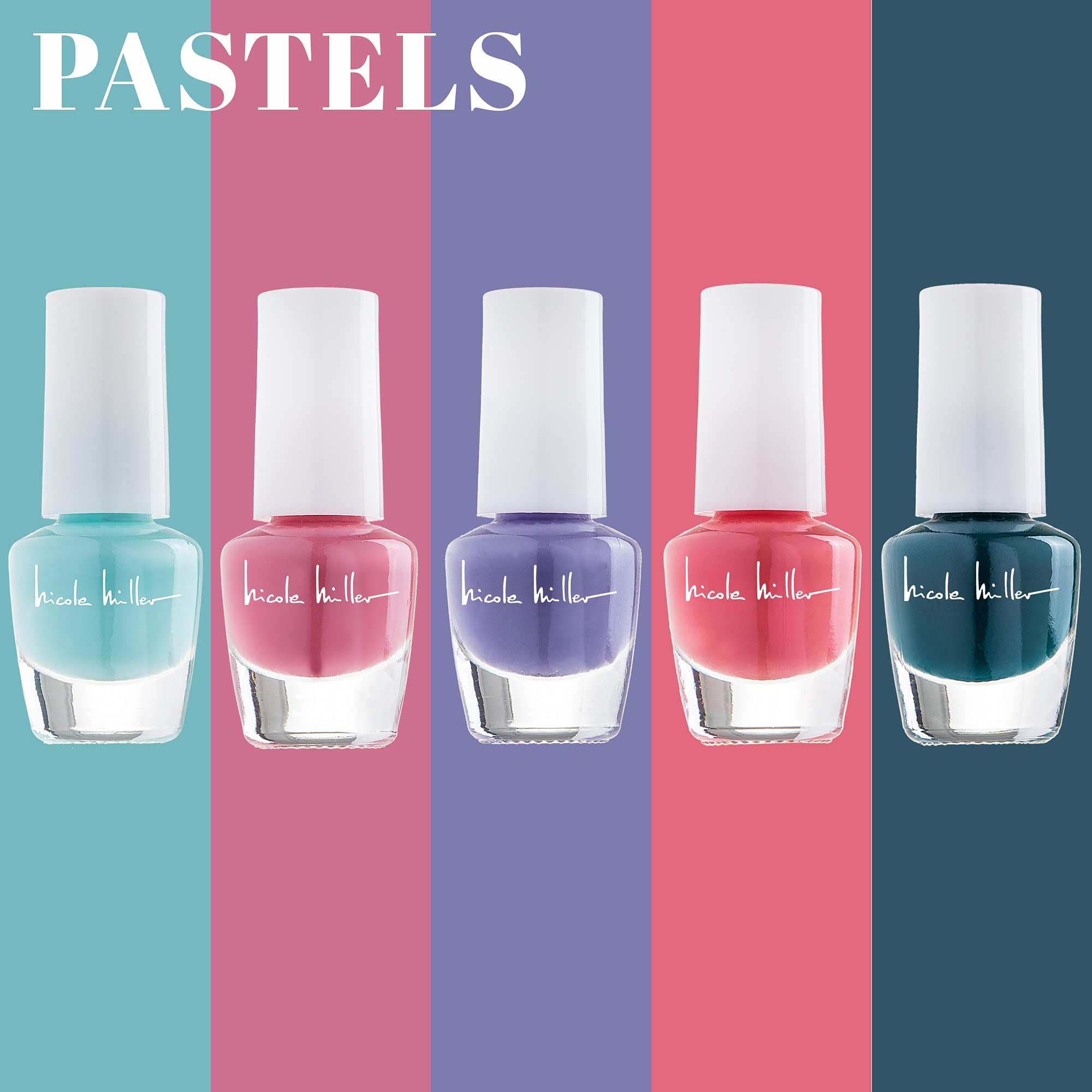 Nicole Miller New York color swatches on nail tips showing finish variety and matching options benefit