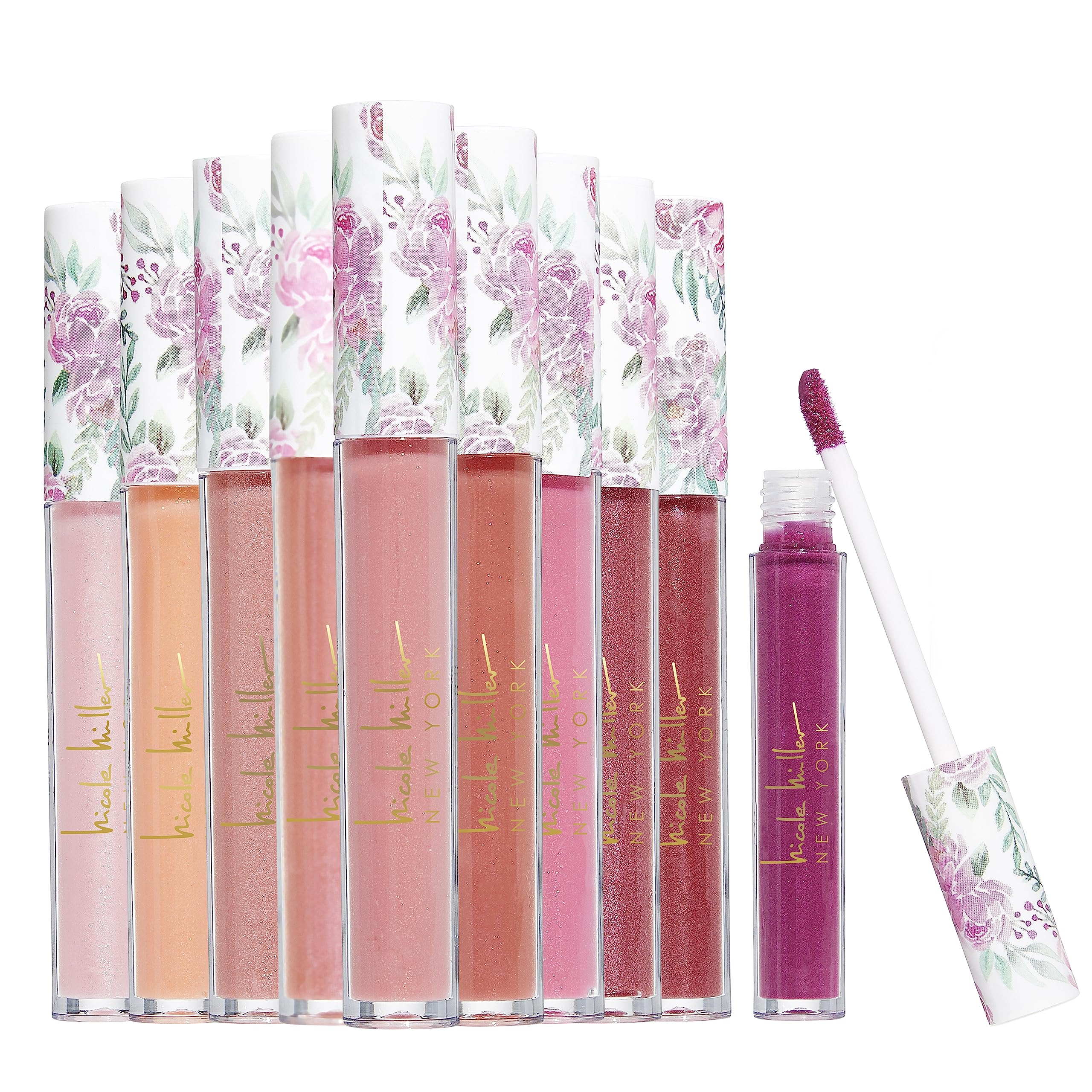 Nicole Miller front packaging showing ten gloss tubes and color variety and gift appeal