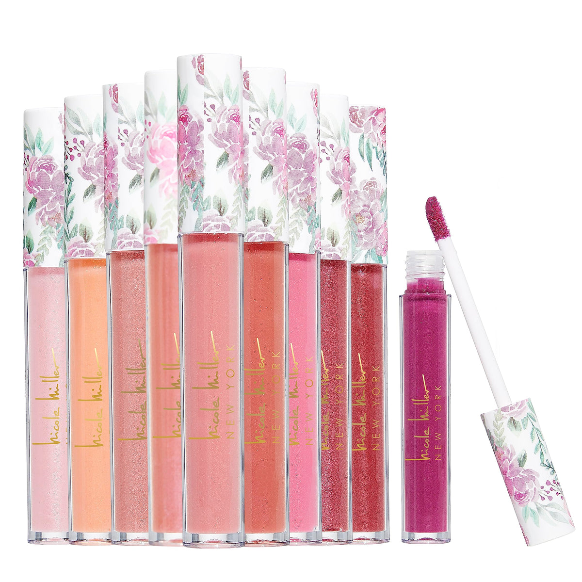 Nicole Miller front packaging showing ten gloss tubes and color variety and gift appeal