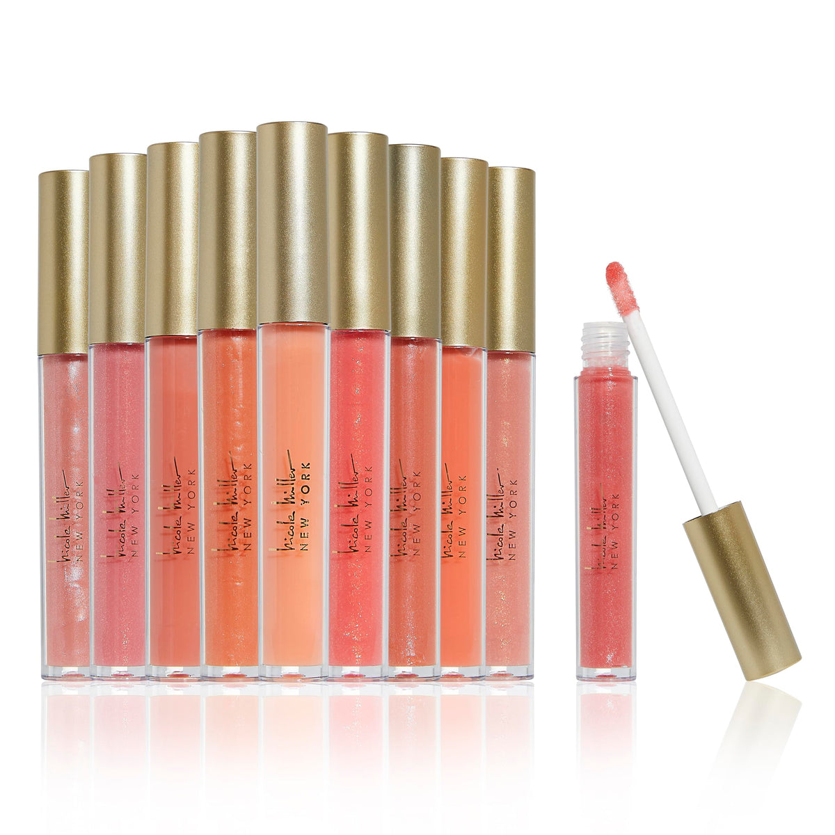 Nicole Miller front packaging showing ten gloss tubes for easy selection and gifting