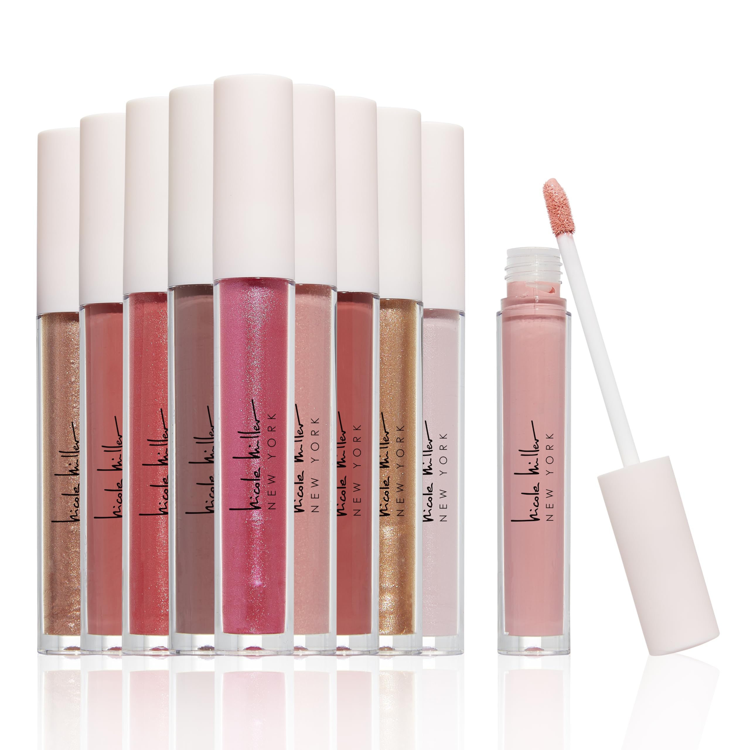 Nicole Miller front packaging showing ten colorful lip glosses and brand elegance