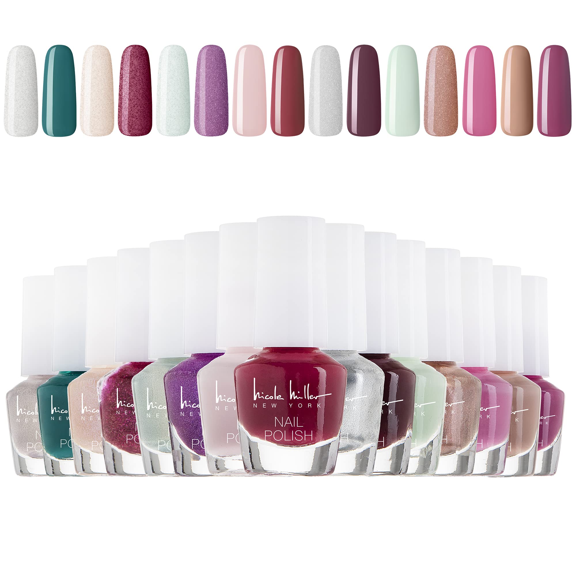 Nicole Miller polishes arranged on vanity illustrating styling and color choices