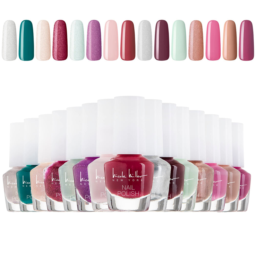 Nicole Miller polishes arranged on vanity illustrating styling and color choices