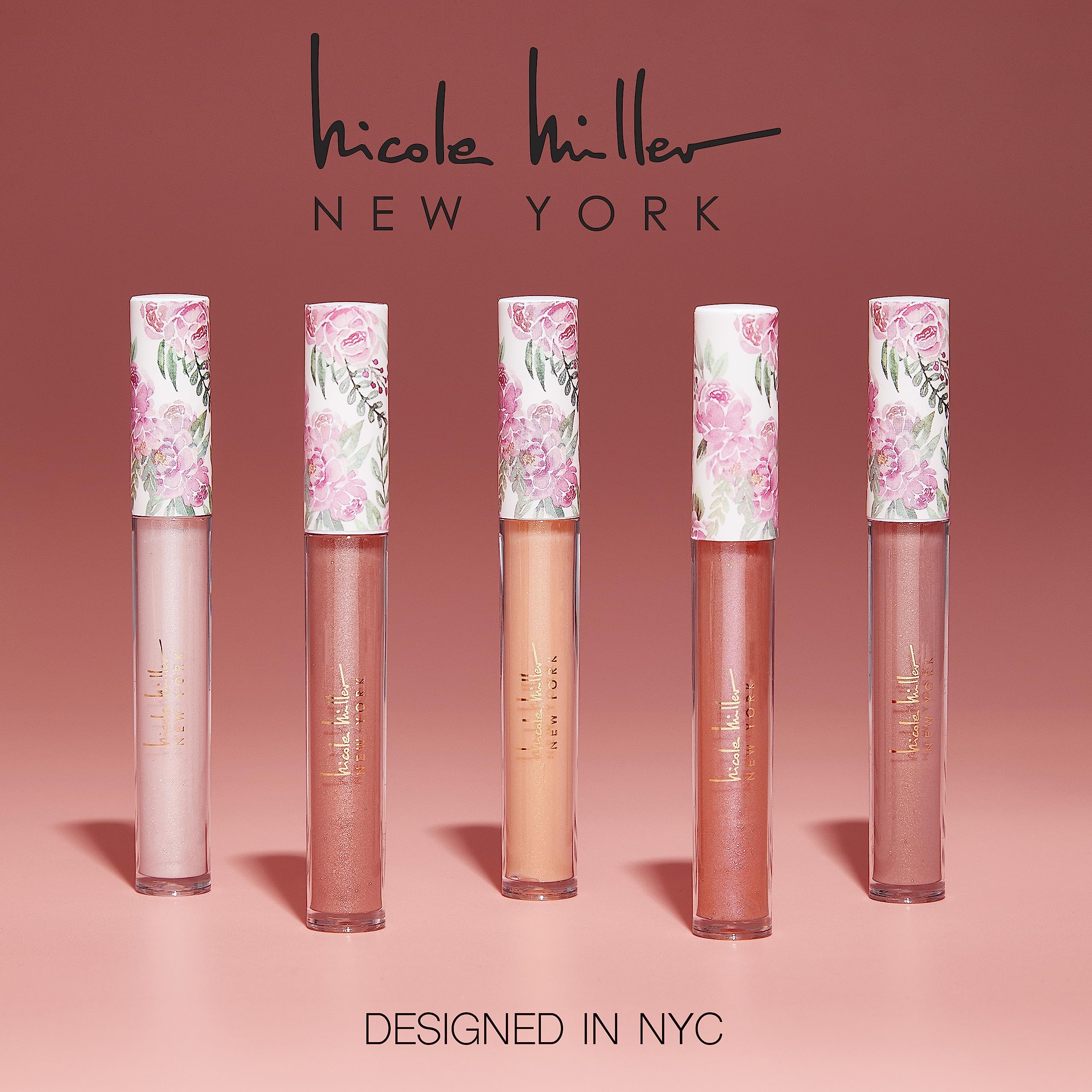 Nicole Miller individual gloss tubes lined up displaying shades for easy selection