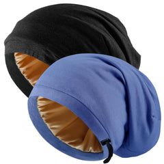 NICPOO front view of two bonnets showing colors and packaging, protective hair care