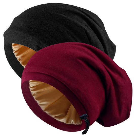 NICPOO black satin bonnet front view showing secure fit and gentle protection