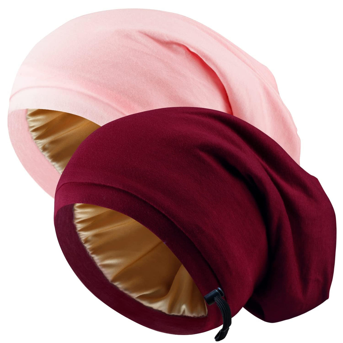NICPOO front view of two bonnets showing colors and secure fit benefit