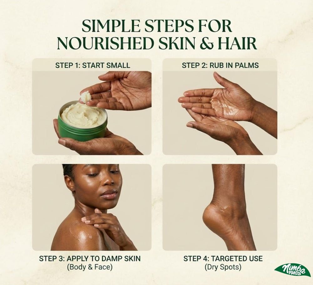 Nimba Foods used on elbows and heels reducing dryness visibly
