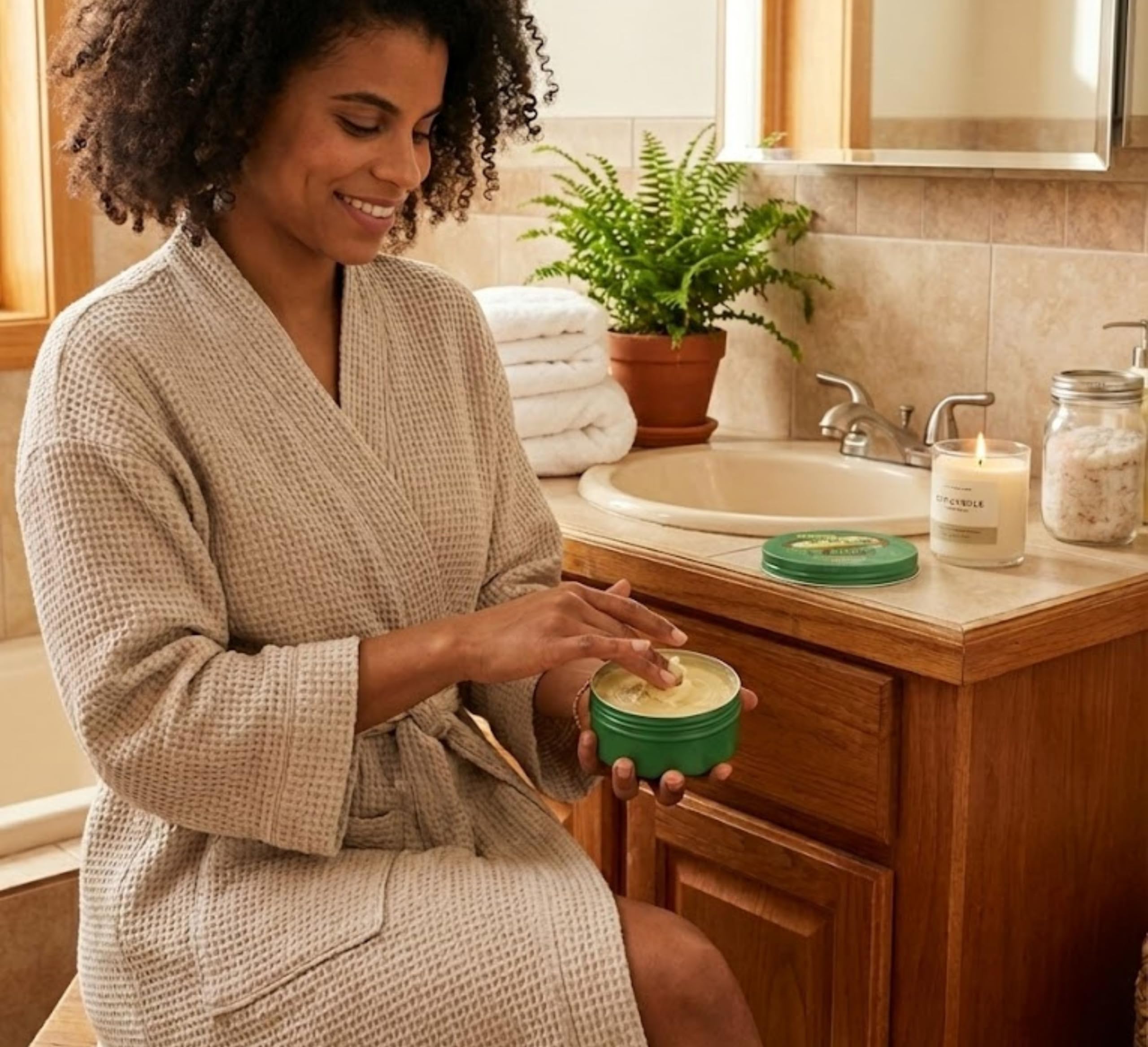 Nimba Foods on bathroom vanity suggesting daily skincare routine