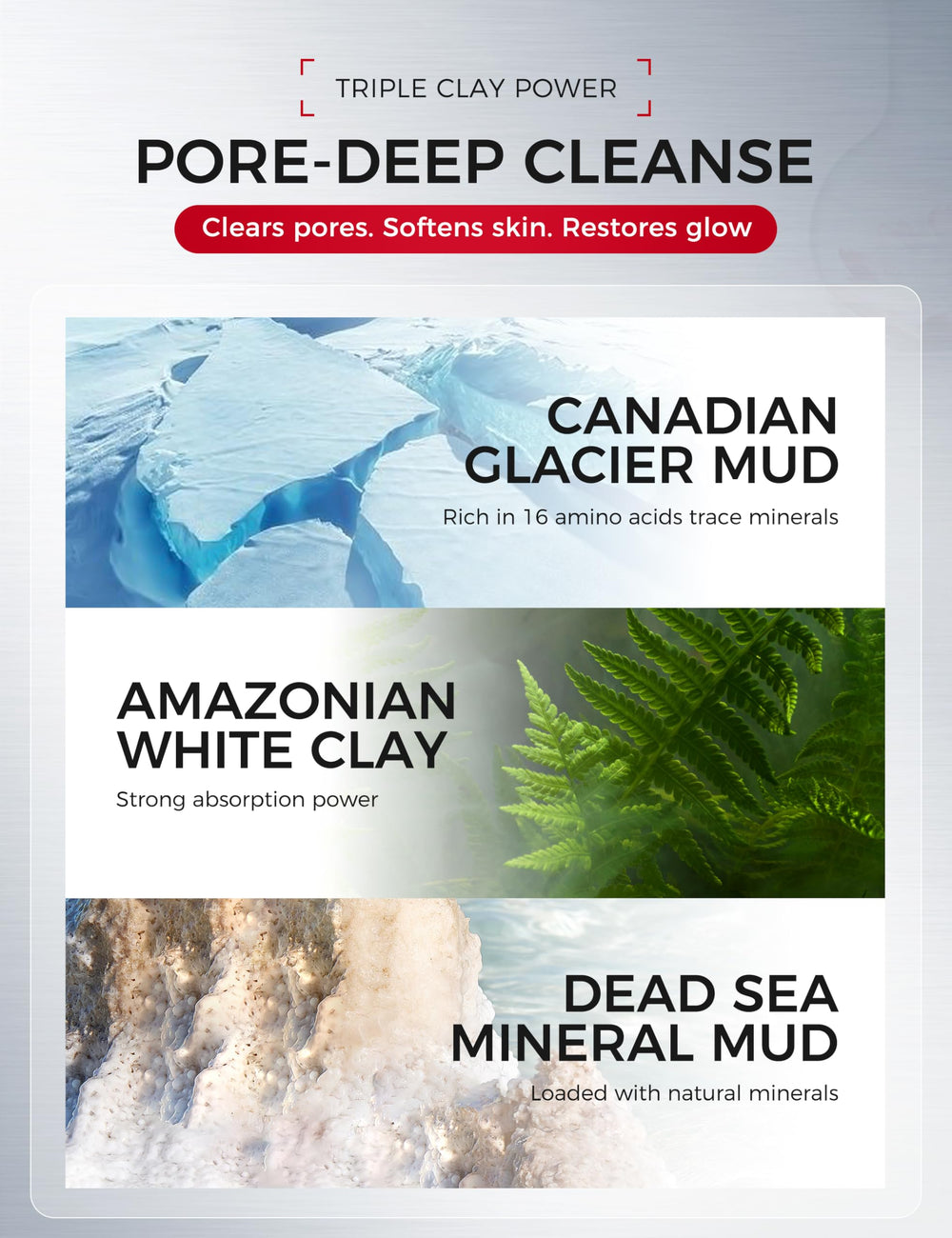 NING DERMOLOGIE ingredients layout with clays and botanicals for purification