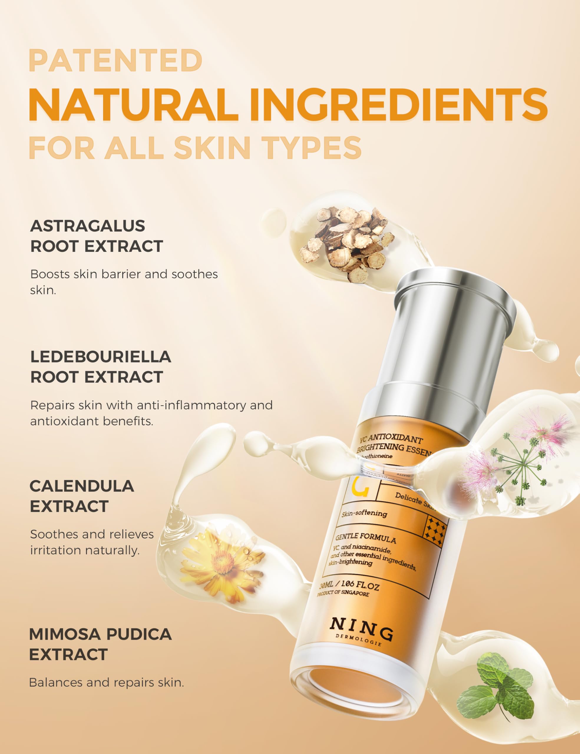 NING DERMOLOGIE product label close-up highlighting key actives list