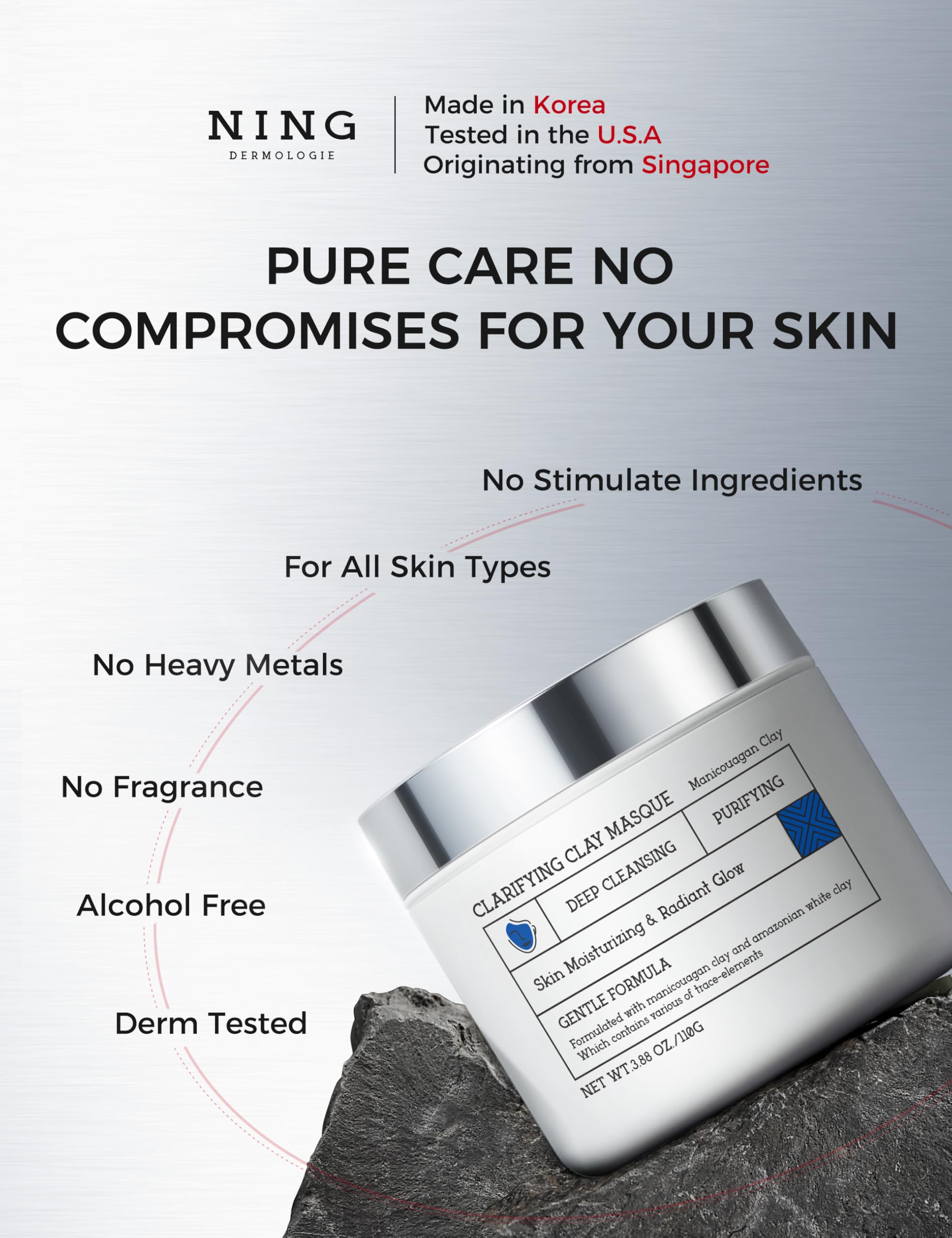 NING DERMOLOGIE mask texture close-up highlighting smooth mineral blend